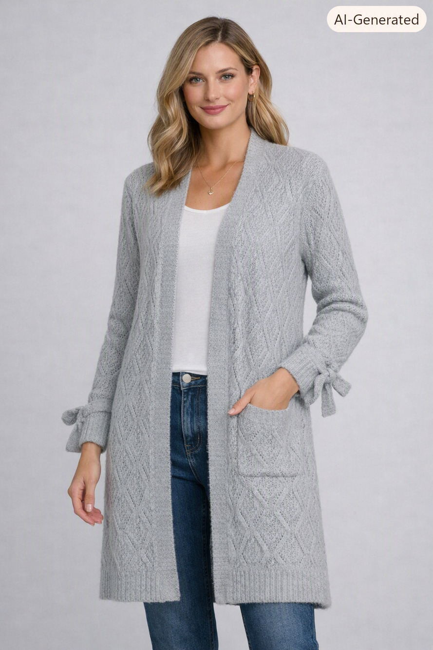 BB Dakota Light Gray Diamond Pattern Open Knit Long Cardigan Women’s M Cozy Boho